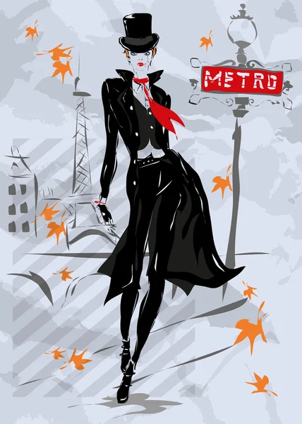 La femme à la mode descend la rue, automne — Image vectorielle