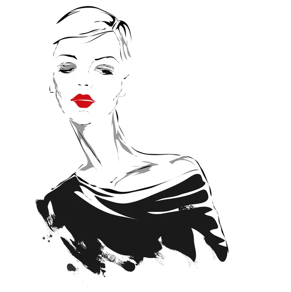 Chica moderna, boceto, labios rojos — Vector de stock