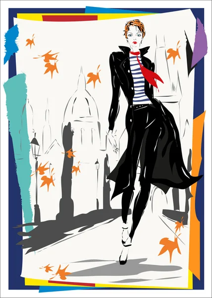 The fashionable woman goes down the street, fall, autumn — Stock Vector