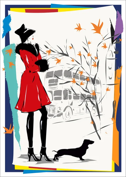 现代女人落街头，秋天 — 图库矢量图片