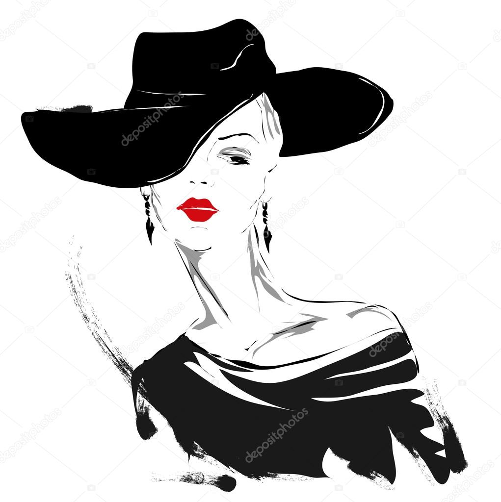 Modern girl, sketch, red lips, white background, fashionable hairstyle