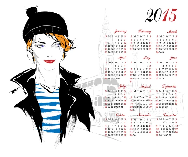 Calendario con la ragazza di moda — Vettoriale Stock