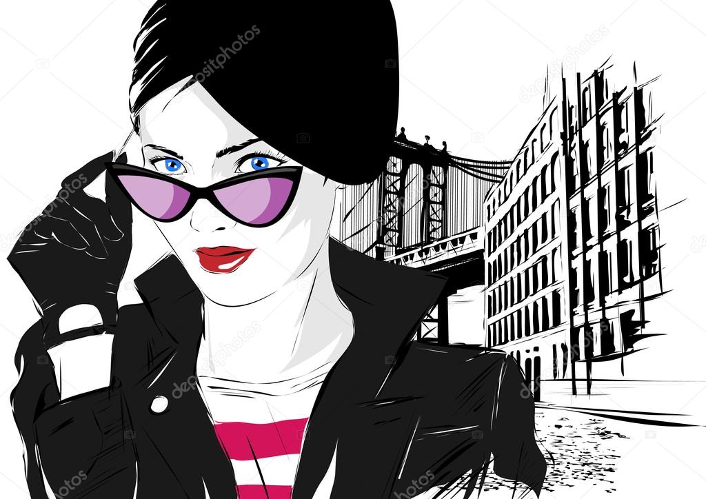 Fashion girl in sketch-style. 