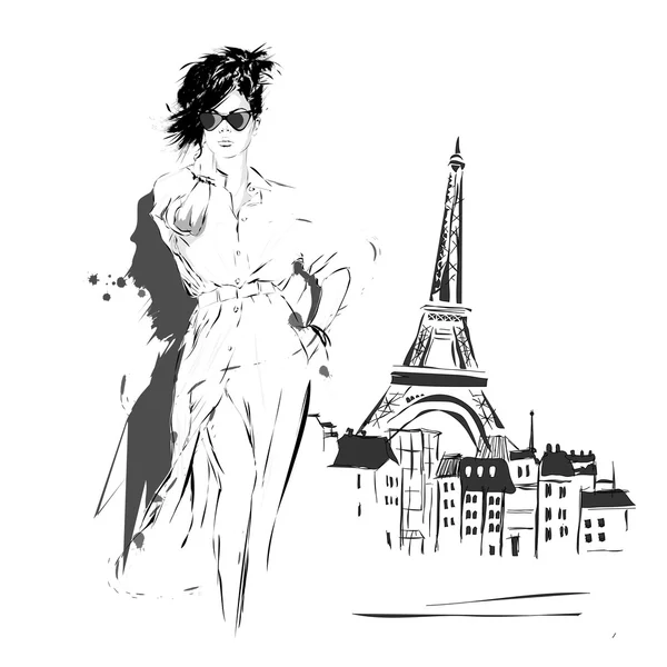 Fille de la mode dans le style croquis . — Image vectorielle