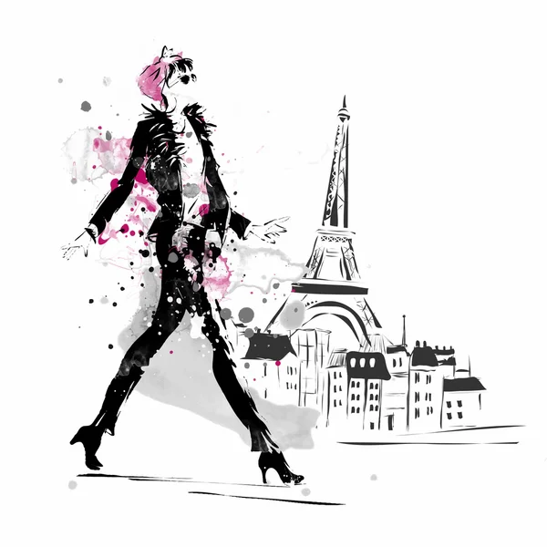 Fille de la mode dans le style croquis . — Image vectorielle