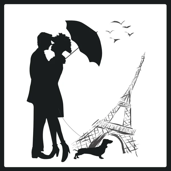 Szczęśliwy młodych miłośników para całuje w Paryż, Francja. — Wektor stockowy