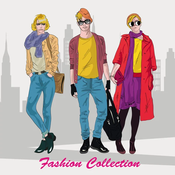 Fashion girl and boy in sketch-style. — Stock Vector