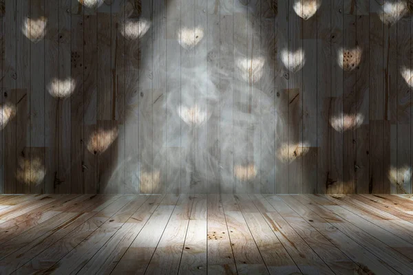 舞台上的灯光和烟雾 墙壁和地板上的木头 情人节概念 — 图库照片