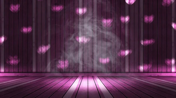 Iluminación Rosa Forma Corazón Humo Escenario Con Madera Pared Suelo — Foto de Stock