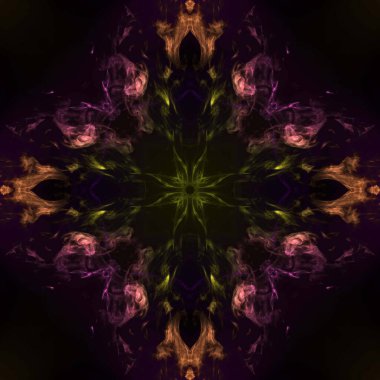 Siyah arkaplanda izole edilmiş soyut duman, gökkuşağı tozu, kusursuz ışık deseni