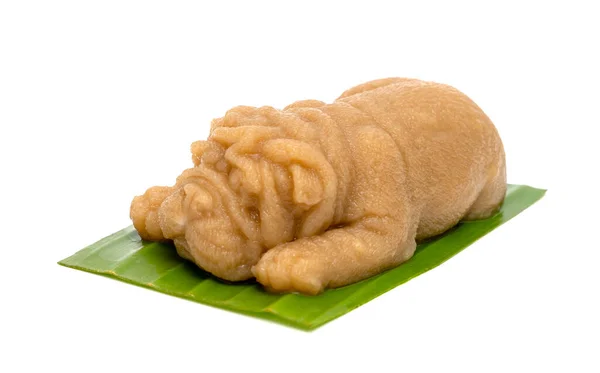 Thai Desserts Brown Shape Dog Jelly Banana Leaf Isolated White — Stock Photo, Image