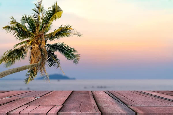 Mesa Madera Con Desenfoque Paisaje Playa Fondo —  Fotos de Stock