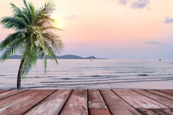 Mesa Madera Con Desenfoque Paisaje Playa Fondo —  Fotos de Stock