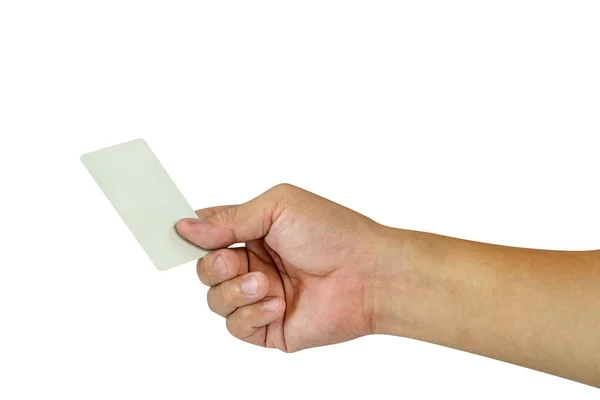 Mão Segurando Cartão Crédito Branco Branco Isolado Fundo Branco Cartão — Fotografia de Stock