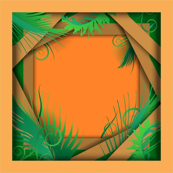 Orange Frame Paper Art Style Leaves Pattern Nature Background Tropical — Stock Vector