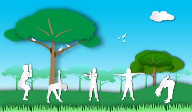 People exercising in the park of paper art style,vector or illustration with health concept clipart