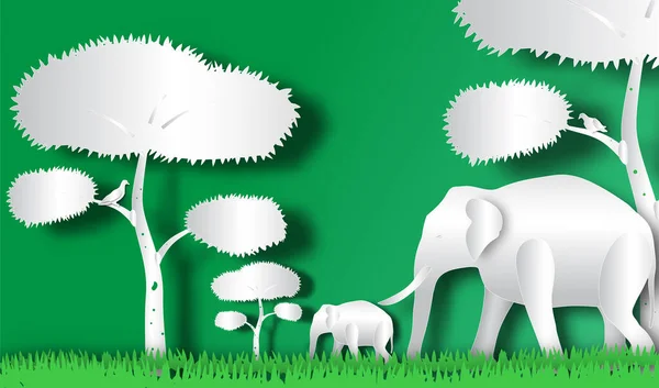 Horde Éléphants Forêt Style Art Papier Vecteur Illustration Avec Concept — Image vectorielle