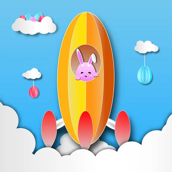 Lapins Faufiler Dans Fusée Volant Avec Des Œufs Pâques Sur — Image vectorielle
