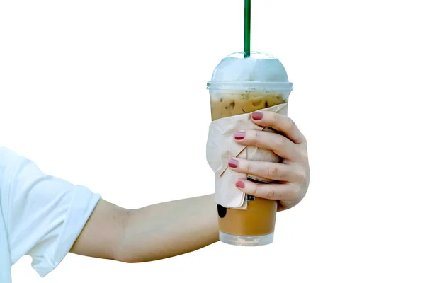Γυναίκες Χέρι Κρατώντας Τον Παγωμένο Καφέ Που Απομονώνονται Λευκό Φόντο — Φωτογραφία Αρχείου