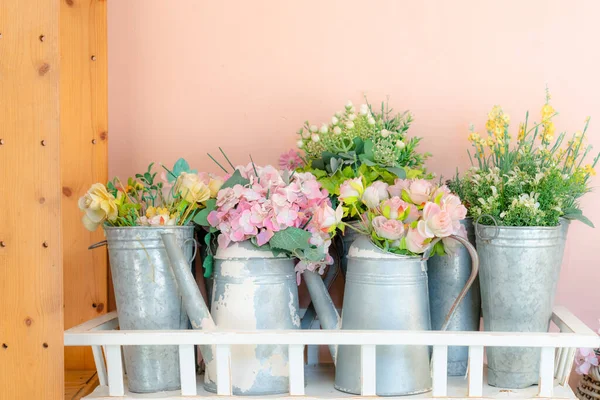 Färgglada Ros Blommor Kruka Med Rosa Vägg Bakgrunder — Stockfoto