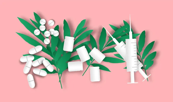 Medicamentos Equipamentos Médicos Sobre Fundo Rosa Estilo Arte Papel Vetor —  Vetores de Stock