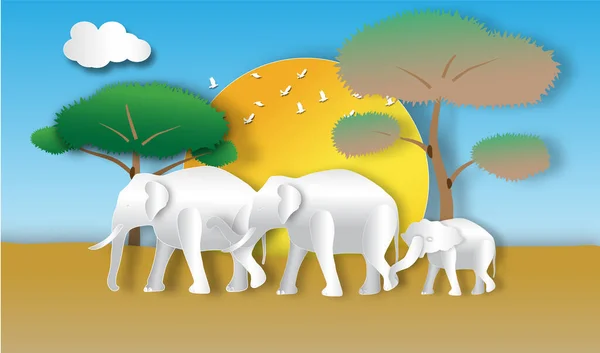 Elephant Horde Forest Paper Art Style Vector Illustration Conserve Wildlife — Stock Vector