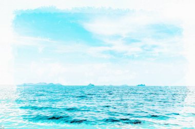 Mavi tonlu deniz manzaralı gökyüzü ve bulut, suluboya dijital resim tarzı