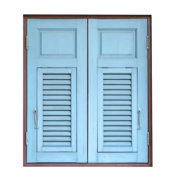 Beyaz Arkaplanda Izole Edilmiş Mavi Tahta Pencere Kırpma Yolunu Içerir — Stok fotoğraf