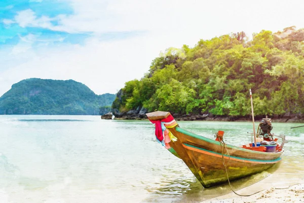 泰国海域的长尾船和岛屿 水彩画风格 — 图库照片