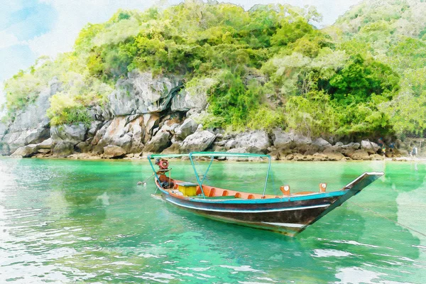 Barco Cola Larga Isla Mar Tailandia Acuarela Estilo Pintura Digital —  Fotos de Stock