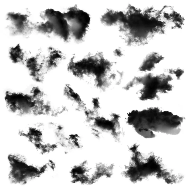 デザイン要素や質感の煙ブラシ効果のために白い背景に隔離された黒い雲のコレクション — ストック写真