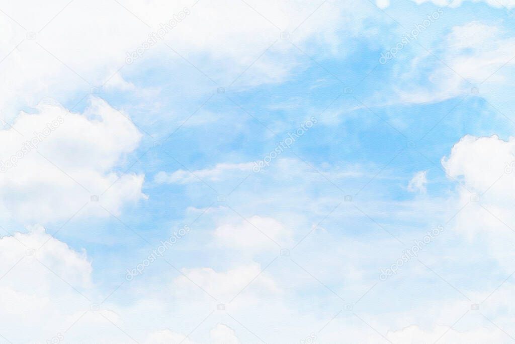White cloud and blue sky background  ,watercolor digital painting style