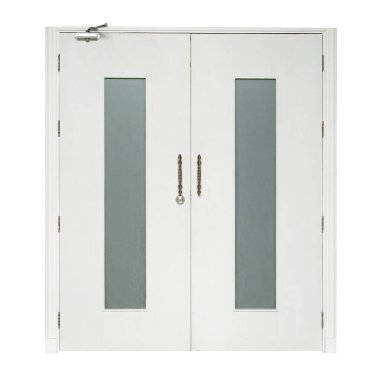 Beyaz arkaplanda izole edilmiş ahşap kapı, kırpma yolu