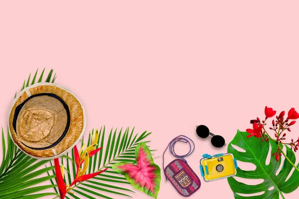 Accessoires Komposition Für Sommerkonzept Mit Tropischen Palmblättern Auf Pastellrosa Hintergrund — Stockfoto
