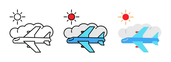 Avión Con Nube Sol Icono Conjunto Aislado Sobre Fondo Blanco — Vector de stock