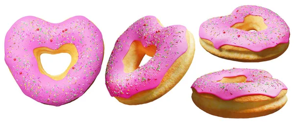 Heart Shaped Pink Donuts Topping Isolated White Background Doughnut Rendering — Stock Photo, Image