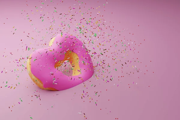 Kalp Şeklinde Pembe Çörekler Renkli Arka Planda Boyutlu Donut — Stok fotoğraf