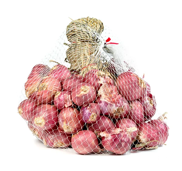 Shallots Onion Net Bag Isolated White Background — Stock Photo, Image