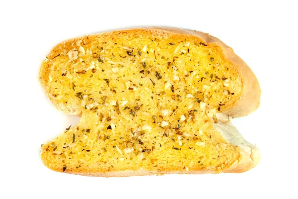 Bijten Knoflookbrood Met Kaas Geïsoleerd Witte Achtergrond — Stockfoto