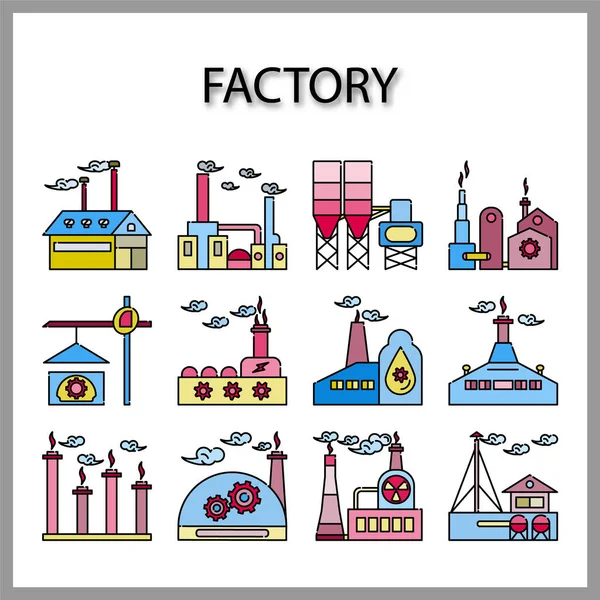 Industrial Building Factory Icon Set Isolated White Background Web Design — Stock Vector