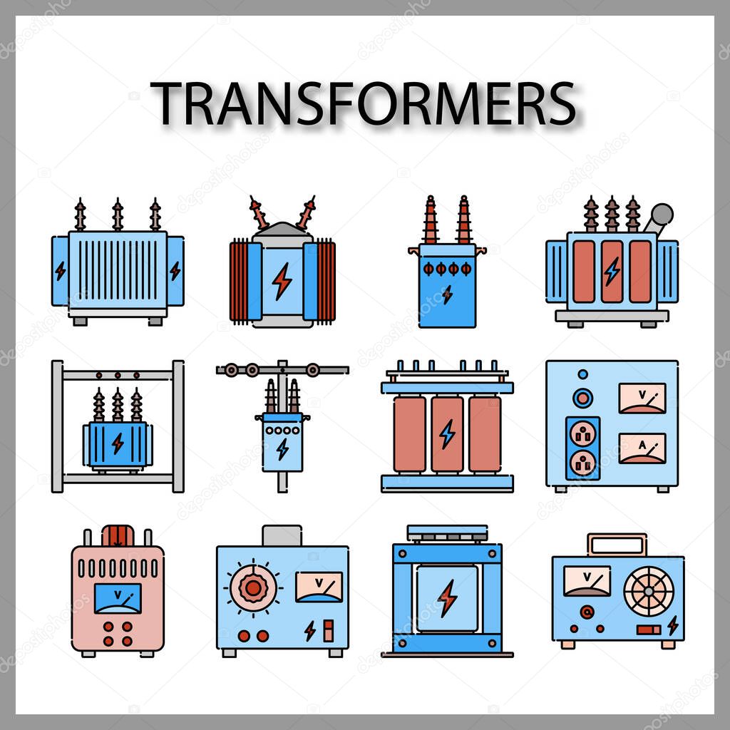 High voltage electrical transformer and Power supply icon set isolated on white background for web design