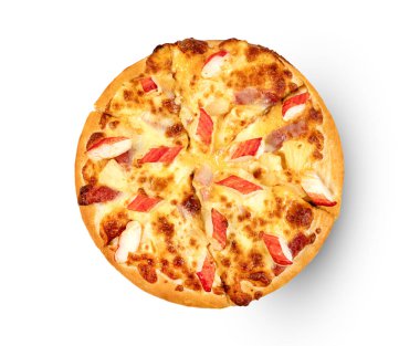 Jambon & Yengeç, beyaz arkaplanda izole edilmiş pizzaya yapışır