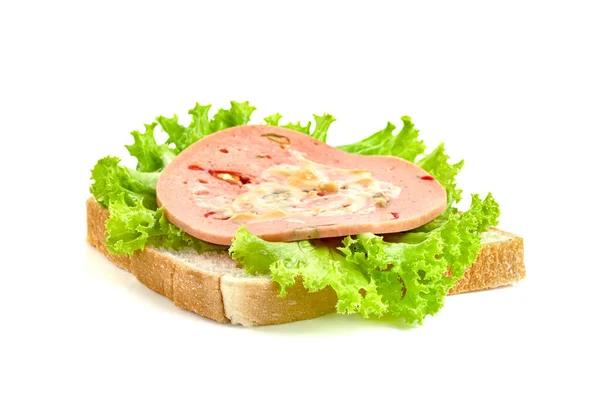 bologna sliced with bread and lettuce leaf isolated on white background