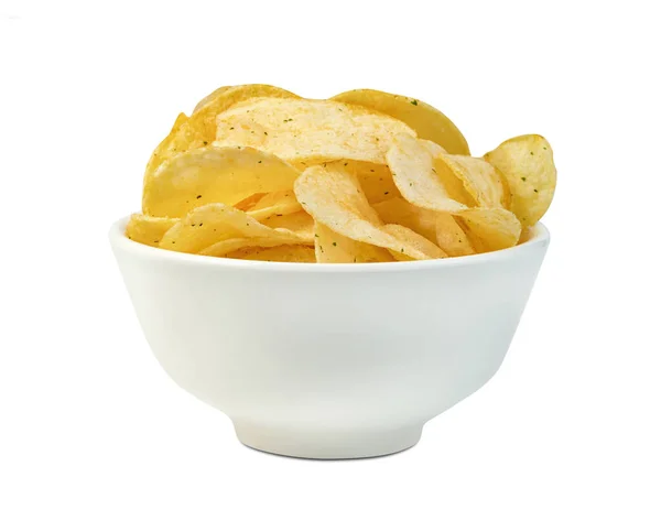 Potatischips Skål Isolerad Vit Bakgrund Inkluderar Klippning Väg — Stockfoto