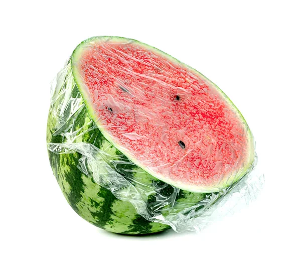 Vattenmelon Plastfolie Isolerad Vit Bakgrund — Stockfoto
