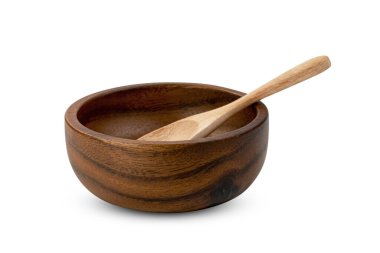 Beyaz zemin üzerinde izole ahşap kase ve kaşık, kırpma yolu içerir