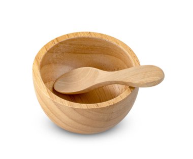 Beyaz zemin üzerinde izole ahşap kase ve kaşık, kırpma yolu içerir