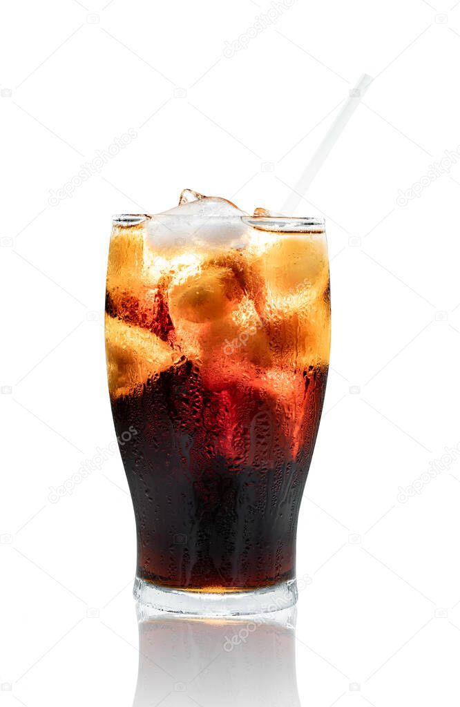 cola water and ice cubes with tube in glass transparent isolated on white background ,include clipping path
