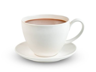 Beyaz arka planda izole edilmiş kahve fincanlı sıcak çikolata, kırpma yolunu da içerir