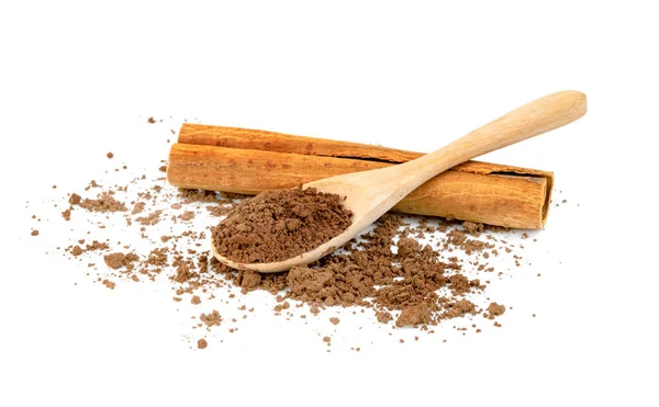 Cinnamon Powder Sticks Wooden Spoon Isolated White Background — Stock Photo, Image